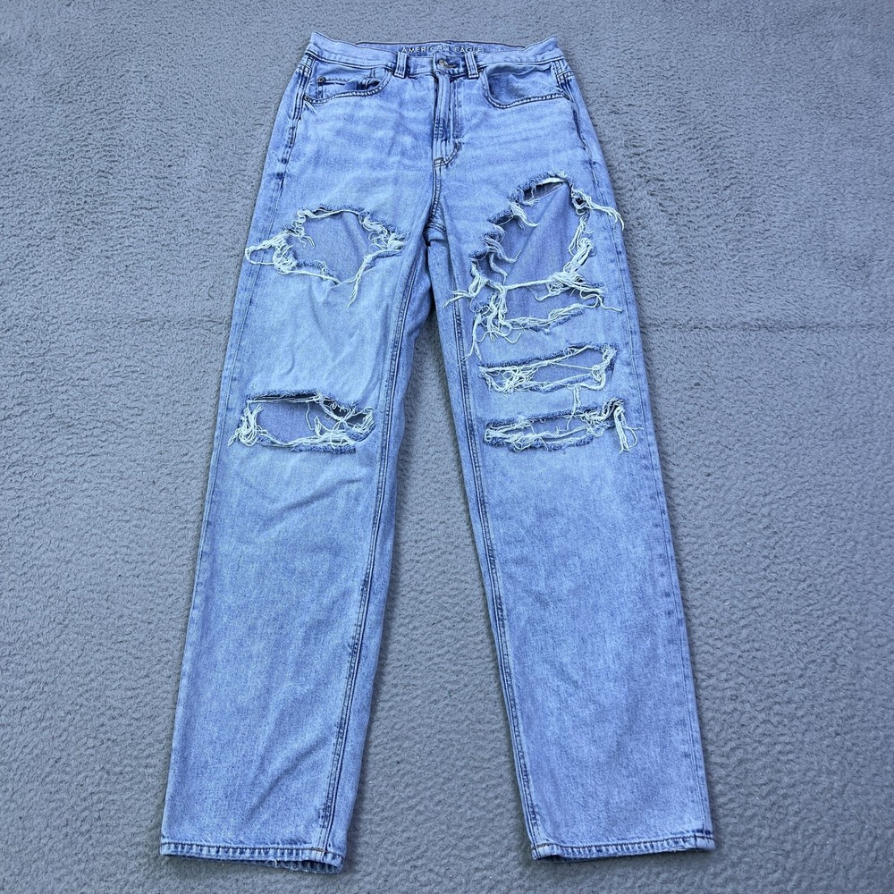 American Eagle Baggy Jean Womens 6 Blue Denim Thrashed Distressed High Rise Pant